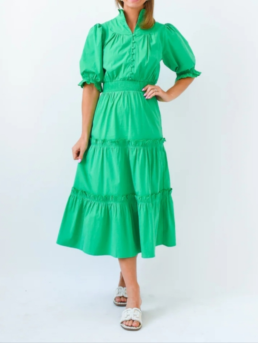 Garden Party Green Tiered Midi Dress with Puff Sleeves-NWT